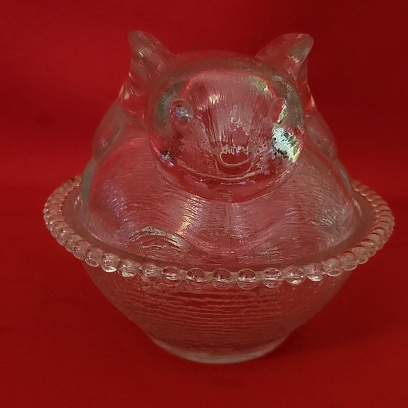 VTG Clear Glass Bunny Rabbit Covered Trinket Oval Candy Beaded Dish Translucent - Picture 4 of 15